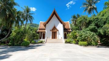 scenic view of traditional Thai temple surrounded by lush greenery and palm trees photo