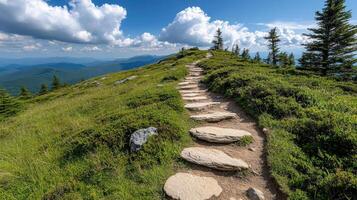Scenic view of hiking trail on mountain with lush greenery and clouds photo