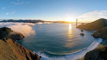 Scenic view of Golden Gate Bridge at sunrise with clouds and ocean photo
