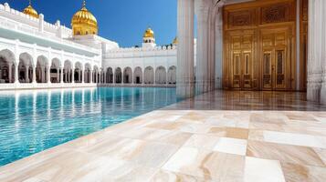 Scenic view of temple with golden domes and reflective pool photo