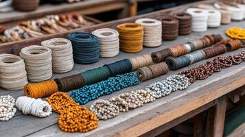 Colorful threads and beads arranged neatly on wooden table, showcasing craftsmanship photo
