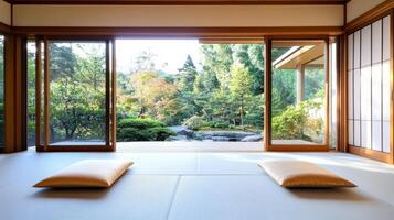 serene wooden ryokan interior with tatami mats and garden view photo