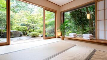 serene traditional wooden ryokan with tatami mats and garden view photo