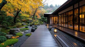 serene Kyoto temple surrounded by vibrant autumn foliage and tranquil gardens photo