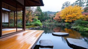 serene Kyoto temple with autumn foliage reflecting in tranquil pond photo