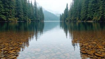Tranquil lake reflecting pine trees in Oregon, USA, creates serene atmosphere photo