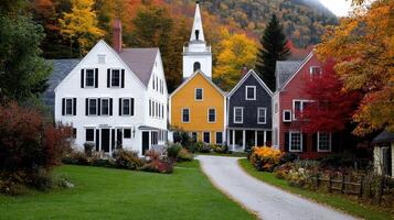 Vibrant autumn scene in New England town with colorful houses and trees photo