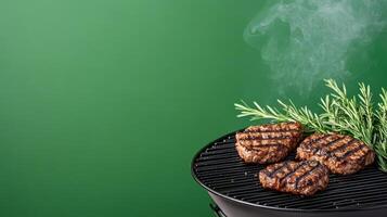 Grilled patties with smoke and rosemary on green background photo