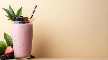 Creamy fruit smoothie with blackberries, strawberries, and mint leaves photo