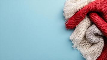 Cozy red, white, and blue scarf on light blue background, perfect for warmth photo