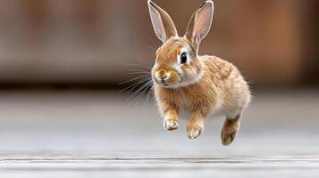 A small rabbit is running across a wooden floor photo