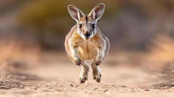 A kangaroo running on a dirt road photo