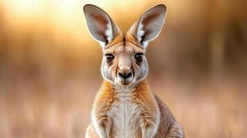 A kangaroo is standing in a field with a sun in the background photo