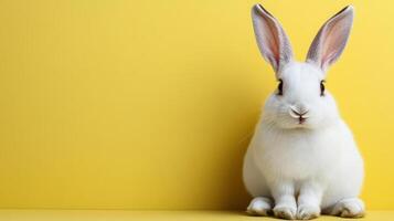 A white rabbit sitting on a yellow background photo