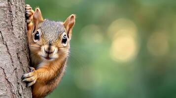 A squirrel peeking out from behind a tree photo