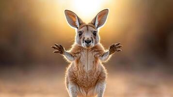 A kangaroo standing on its hind legs with its hands up photo