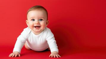 A baby crawling on a red background photo