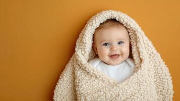 A baby is wrapped in a blanket on an orange background photo