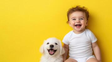 A baby and a dog on a yellow background photo