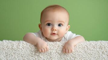 A baby is looking over a white blanket photo