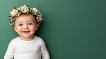 A baby wearing a flower crown on a green background photo