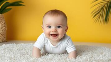 A baby smiling on a white rug photo