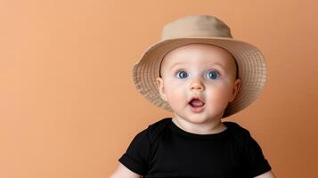 A baby wearing a hat and looking surprised photo