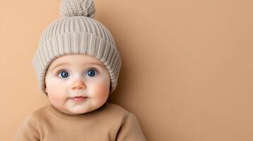 A baby wearing a knitted hat and looking at the camera photo