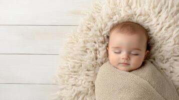 A baby sleeping on a white rug photo