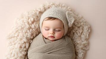 A baby girl in a knitted hat and wrap photo