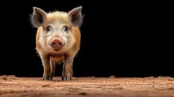 A pig standing on a dirt field photo