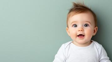 A baby is looking up with a surprised expression photo