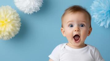 A baby is looking up at the camera with a surprised expression photo