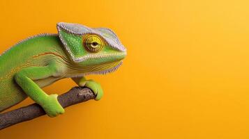 A green chameleon on a branch with a yellow background photo