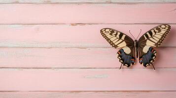 A butterfly on a pink wooden background photo