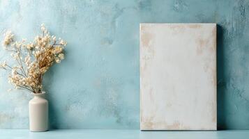 Blank canvas on blue wall with flowers photo