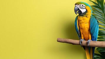 A colorful parrot sitting on a branch with leaves photo