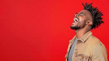 A man with dreadlocks is laughing and smiling photo