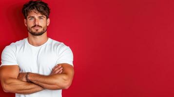 Handsome man in white t-shirt standing against red background photo