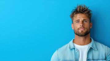 A man with a beard and a denim shirt is looking up photo