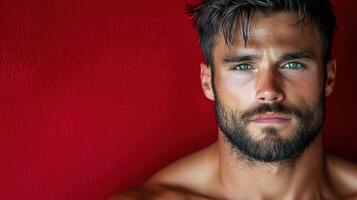 A shirtless man with a beard and blue eyes photo
