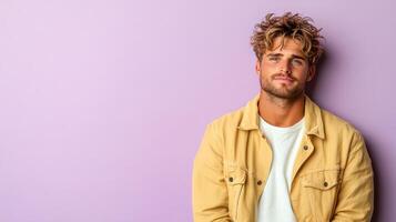 Portrait of a young man with curly hair and a yellow jacket against a purple background photo