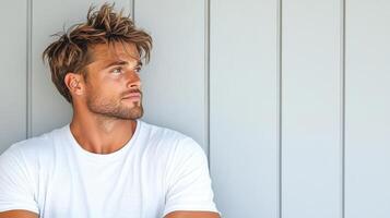 A man with a messy hair is sitting on a white wall photo
