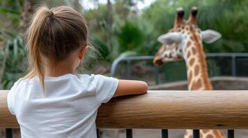 child observing giraffe at zoo, enjoying moment in nature photo