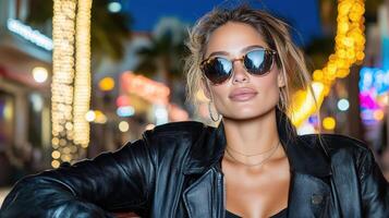 Stylish woman in sunglasses enjoying vibrant night out photo