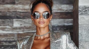 Glamorous woman in sparkling outfit with sunglasses and jewelry photo
