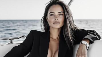 Elegant woman in black suit posing on yacht by sea photo