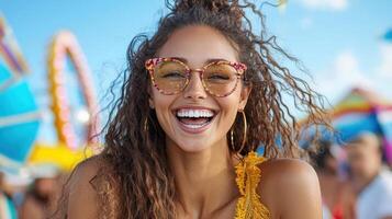 Playful woman with curly hair and colorful sunglasses smiling at beach photo