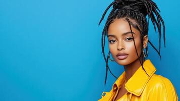 Beautiful african american woman with dreadlocks on blue background photo