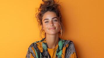 A woman with a messy bun and a colorful shirt photo